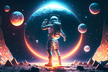Dancing astronaut in galaxy disco style party on moon. Generative AI