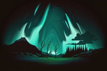 Canvas Print - Landscape illustration with aurora borealis, made with generated ai