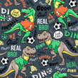 Art. Football pattern. Cute dinosaur plays soccer. Print on a gray background. Design for kids.  prints, nursery closing, fabrics. Vector illustration. T-rex dinosaur