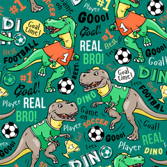 Art. Football pattern on a green background. Cute dinosaur plays soccer. Print on a green background. Design for kids.  prints, nursery closing, fabrics. Vector illustration. T-rex dinosaur