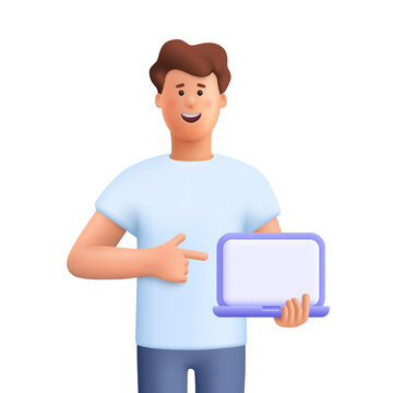 Wall Mural - Young smiling man holding and pointing at blank screen laptop computer. Distance and e-learning education concept. 3d vector people character illustration. Cartoon minimal style.