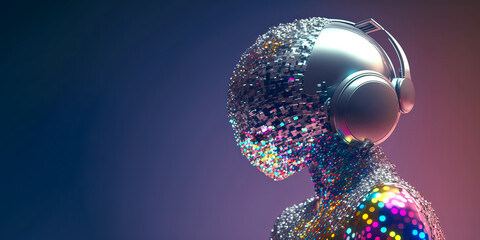 human with a disco ball for head, disco ball wearing headphones. The concept of modern design, creativity and style. Flyer for advertising. Copy space. Generative AI