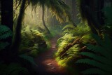Fototapeta  - Spring Morning Forest Trail Path Scene with Lush Ferns Moss Trees Rocks Streams Inspired by Pacific Northwest Rainforests Washington State Background Image