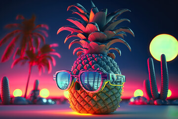 Pineapple fruit fashion hipster in sunglasses. Minimal. Summer party mood, night club. Hot summer glamour beach vibes. Generative AI