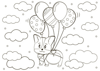 Wall Mural - Cute coloring page with cute corgi puppy character floating tied to heart balloons and clouds around, printable game for kids, black and white doodle for children