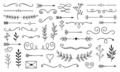 text dividers doodle set. boho arrows. wedding decorative elements with leaves, swirls, hearts. divi