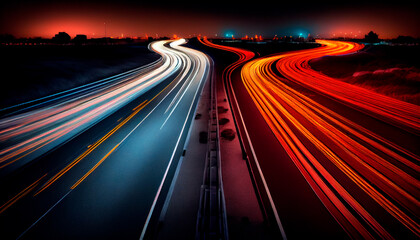 Wall Mural - A long exposure photo of a highway at night. Generative Ai