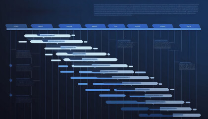 Dark blue-themed project management template with Gantt chart planning schedule with tasks and milestones for business presentations - Generative AI
