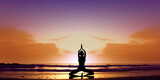 Fototapeta Dmuchawce - young woman in silhouette doing yoga in the lotus pose while meditating on the beach - Generative AI
