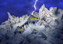 Bank Building Is Collapsed. Bankruptcy Bank. Collapse Financial Organization. Banking Crisis. Signs Of Dollar Near Economic Organization. Loss Of Money By Bank Depositors After Bankruptcy. 3d Image