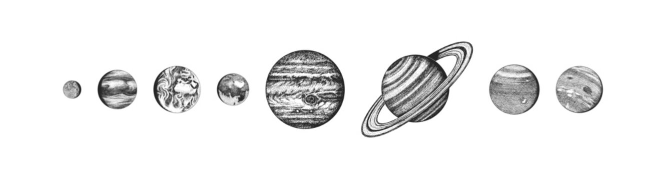 Fototapete - Planets in solar system. Moon and the sun, mercury and earth, mars and venus, jupiter or saturn and pluto. astronomical galaxy space. engraved hand drawn in old sketch, vintage style for label.