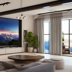 A living room with a big TV and a view of the mountains1, Generative AI