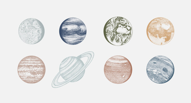 Fototapete - Planets in solar system. Moon and the sun, mercury and earth, mars and venus, jupiter or saturn and pluto. astronomical galaxy space. engraved hand drawn in old sketch, vintage style for label.