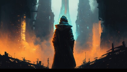 Wall Mural - in a dystopian future a lone figure witness the perpetual struggle between the high tech corporation