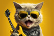 Kitten with yellow glasses, leather jacket and yellow guitar, screaming at camera. Rocker on yellow background