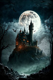 vampire castle, dracula, dracula castle, bats, night, moon, trees, wind, grass, field, starry sky, night landscape, castle, castle on the mountain