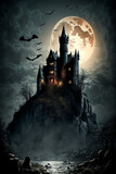 vampire castle, dracula, dracula castle, bats, night, moon, trees, wind, grass, field, starry sky, night landscape, castle, castle on the mountain