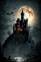 Vampire Castle, Dracula, Dracula Castle, Bats, Night, Moon, Trees, Wind, Grass, Field, Starry Sky, Night Landscape, Castle, Castle On The Mountain