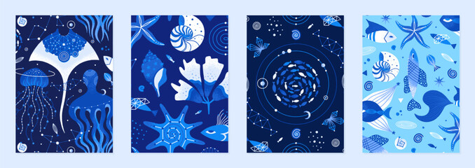 Wall Mural - Set of vector illustrations of cosmic underwater creatures. Marine life decorated with constellations, stars, planets. Magic space sea designs for posters, notebook covers. Blue and white colors