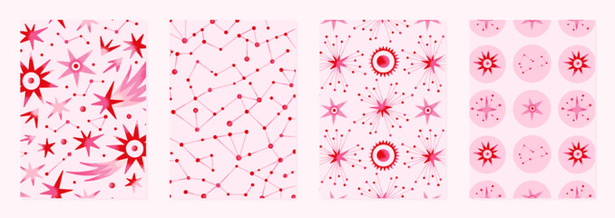 Wall Mural - Set of vector illustrations of abstract celestial bodies. Patterns of constellations, stars, planets. Space universe. Esoteric cosmic designs for posters, notebook covers. Red and pink colors