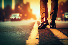 Close Up Of Man's Feet Walking On The Road At Sunset.generative Ai