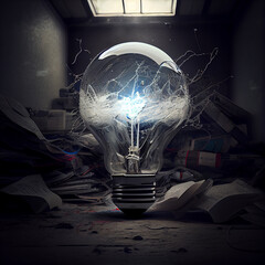 Poster - Conceptual image with lightbulb and mountains in the background.generative ai