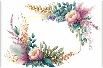 a picture frame border made of assorted watercolor flowers for wedding card, floral, high quality, r