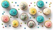 Horizontal high angle, directly overhead view of a dozen frosted cupcakes. The cupcakes are against a white background and are decorated with swirls, sprinkles, drizzles and candies generative ai