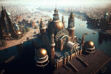 Steampunk Style City With Big Metallic Buildings, Steampunk Futuristic City Background, Generative AI