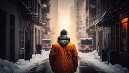 A man in a warm jacket stands in front of a big truck on a snowy winter street.generative ai