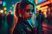 Female Street musician playing violin at night neon street lights background. Young woman violinist play music on the street in the evening time. Joyful woman musician.High quality illustration.
