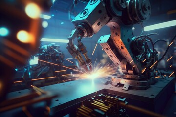 Canvas Print - A welding robot working on the assembly line, AI generated