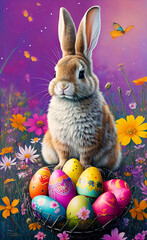 easter bunny and easter eggs on a meadow, generative ai