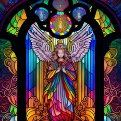 Beautiful Digital Illustration of an Abstract Stained Glass Window, Colorful, with an Angel Design. Made in part with generative AI.
