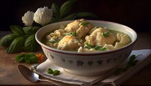 A Bowl Of Comforting Chicken And Dumplings With Fresh Herbs Generative AI