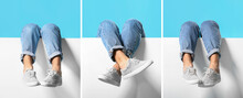 Collage Of Young Man's Legs In Jeans Pants, Stylish Shoes And Poster On Blue Background