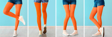 Collage Of Young Woman's Legs In Orange Tights And Gumshoes Near Light Blue Wall