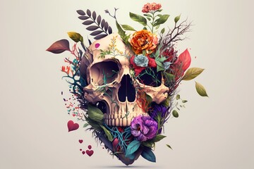 Wall Mural - abstract human heart with flowers and skull, created with generative ai