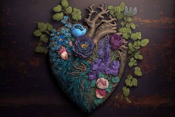 Wall Mural - blue-purple human heart with flowers covered with roses on brown background, created with generative ai