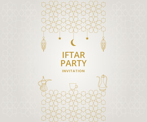 Wall Mural - Iftar Party Ramadan Invitation poster template design with crescent, teapot, cup and lantern monoline vector illustration