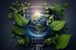 Ecology, saving green planet concept co Earth day with fresh green leaves and solar panels. Generative AI illustration