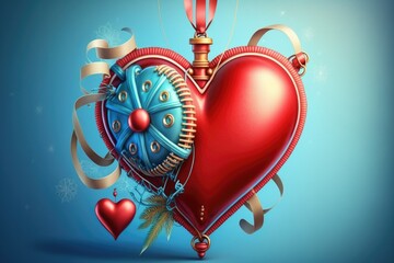 Sticker - cute red valentine's heart with decorations and ribbons on blue background, created with generative ai