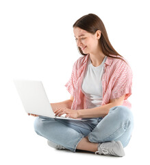 Wall Mural - Sitting young woman with laptop isolated on white