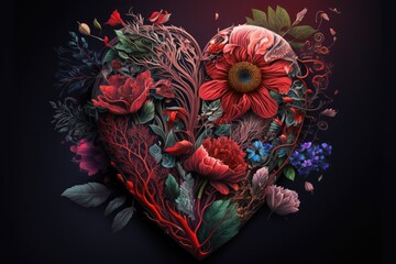 Sticker - red heart with flowers symbolizing human feeling, created with generative ai