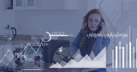 Wall Mural - Animation of financial data processing over caucasian businesswoman using smartphone