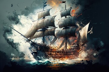 Shipwreck Disaster: A Pirate Ship Sinks in a Sea Battle. Generative AI