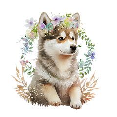 Watercolor siberian husky with flowers, cute cartoon puppy. Generative AI