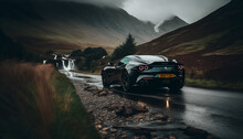 Photorealistic Ai Artwork Concept Of A Modern Supercar Or Sportscar Driving In The Atmospheric Lakes And Mountains. Generative Ai.