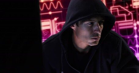 Poster - Animation of caucasian male hacker and data processing over circuit board