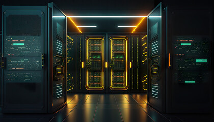 Illustration server racks in server room data center. 3D render of digital data and cloud technology. 3D realistic illustration. Based on Generative AI